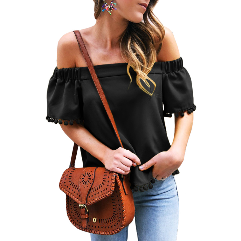 Womens Summer Top Short Sleeve Off Shoulder Fringe Detail Solid Color Casual Wear Wholesale Available