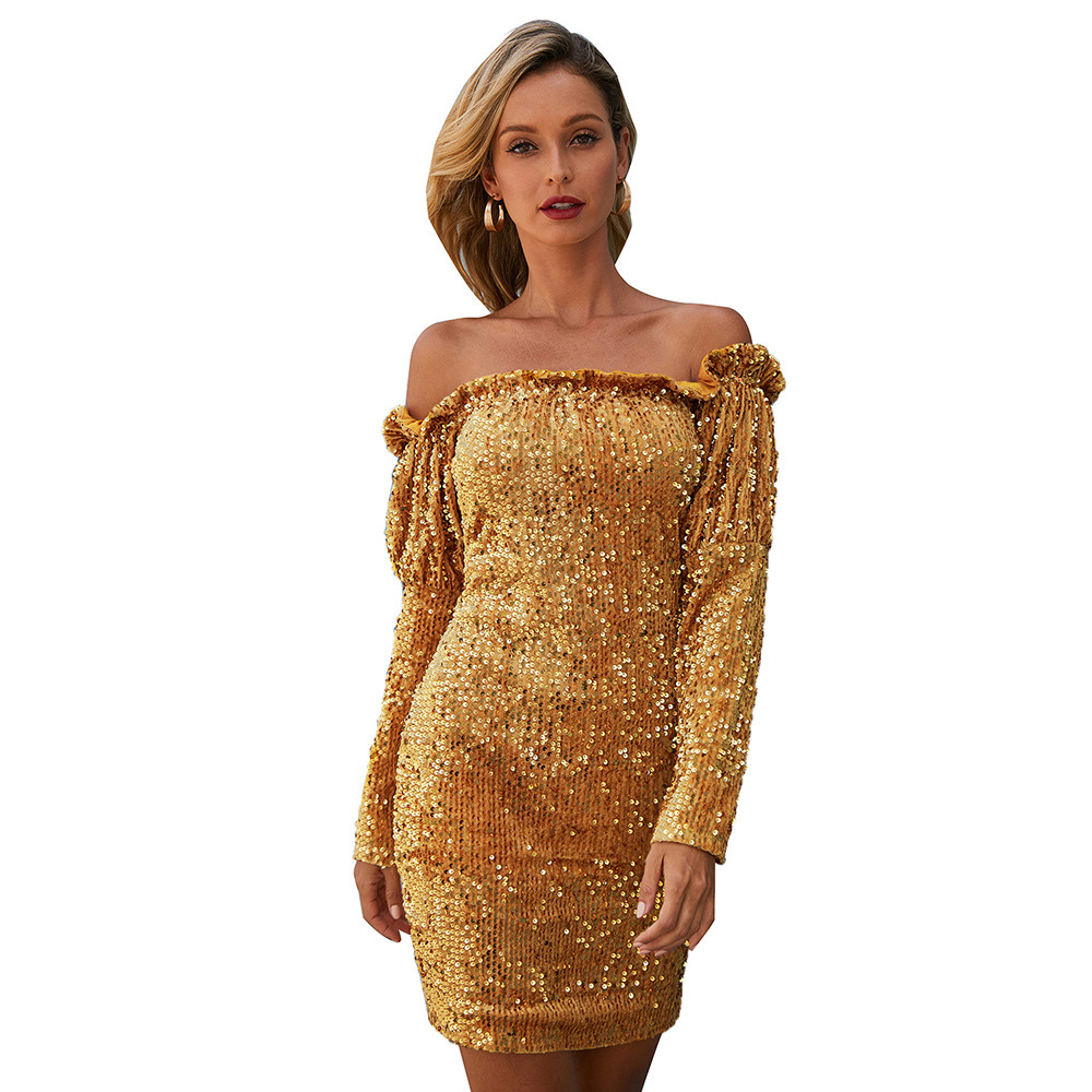 Sequin Evening Dress for Women Off Shoulder Long Sleeve One Shoulder Design Nightclub Party Wear Wholesale Available