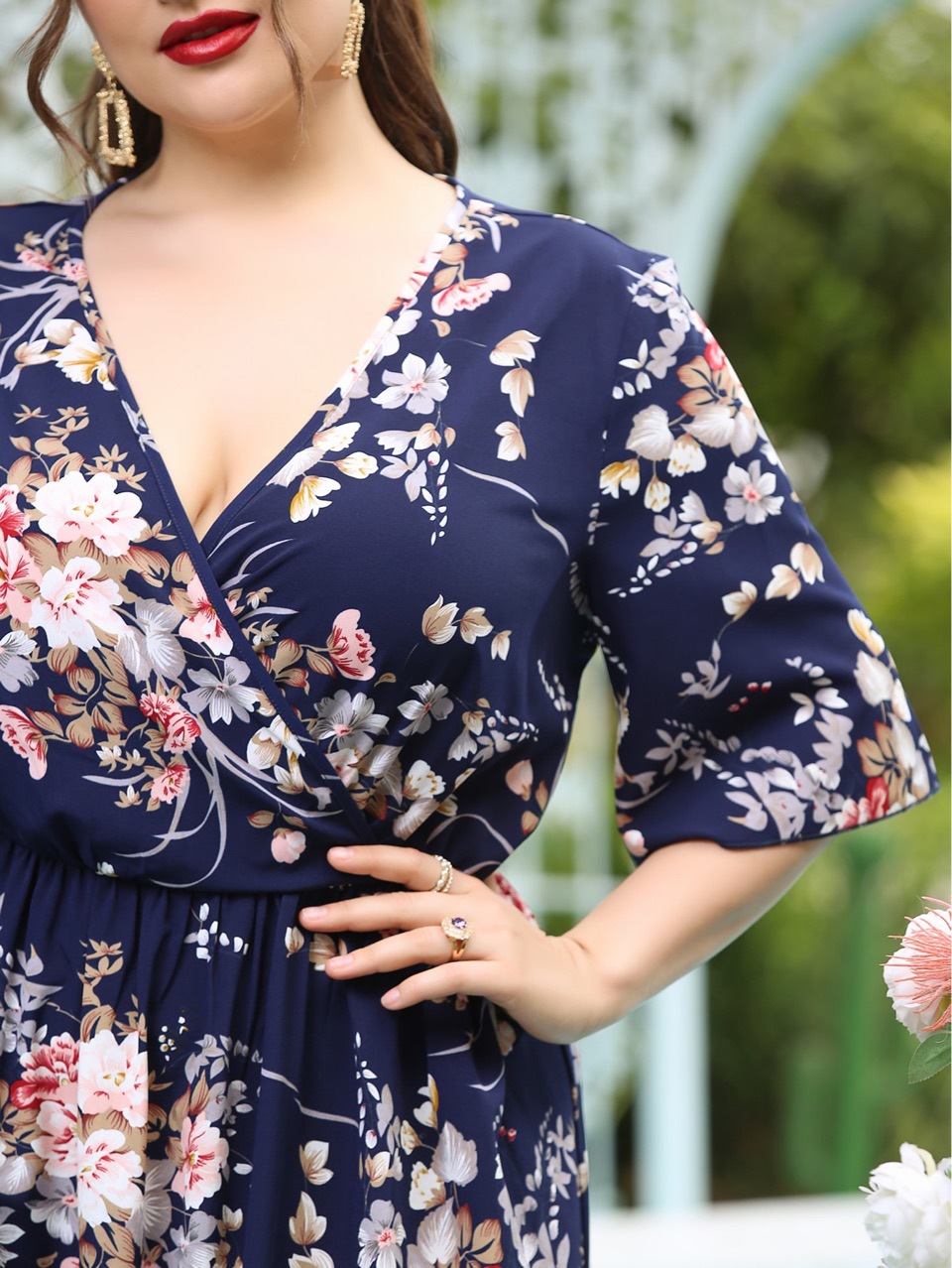 Plus Size Long Sleeve Maxi Dress Navy Blue Elastic Waist Floral Print Casual Wear for Summer Ready to Ship