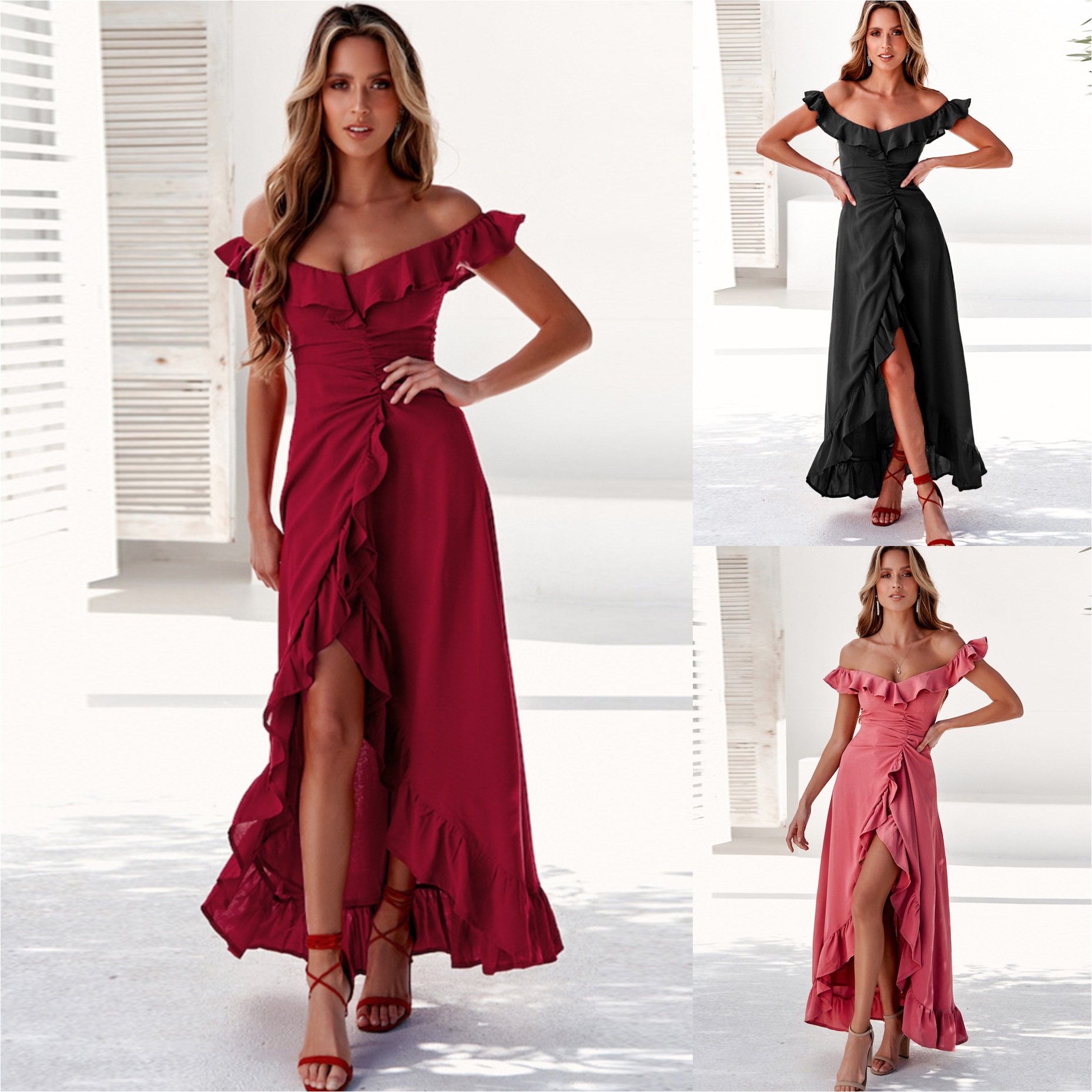 Fashionable Womens Ruffled Hem Dress Solid Color Sexy Style Spring Summer Collection Wholesale Available
