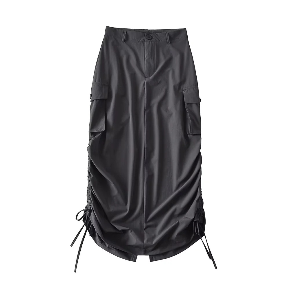 High Waisted Utility Skirt Side Pockets Drawstring Pleated A Line Design Casual Autumn Wear for Women Wholesale