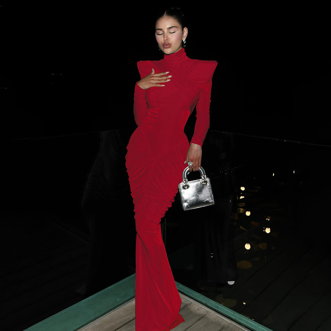 Fashionable Women's High Neck Solid Color Long Sleeve Backless Ruched Bodycon Dress for Autumn and Winter Season