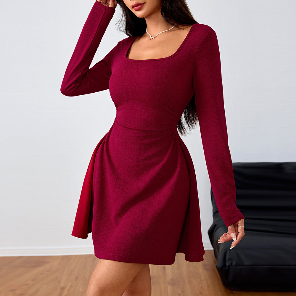 Autumn Winter New Style Elegant Square Neck High Waist Dress Short Skirt