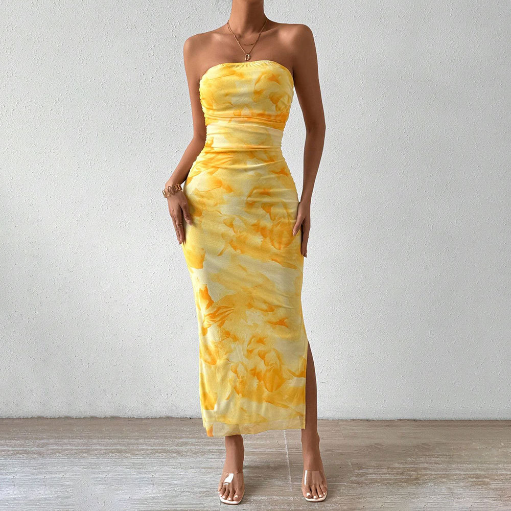 Mesh Printed Dress High Waist Slim Fit Split Strapless Bodycon Dress