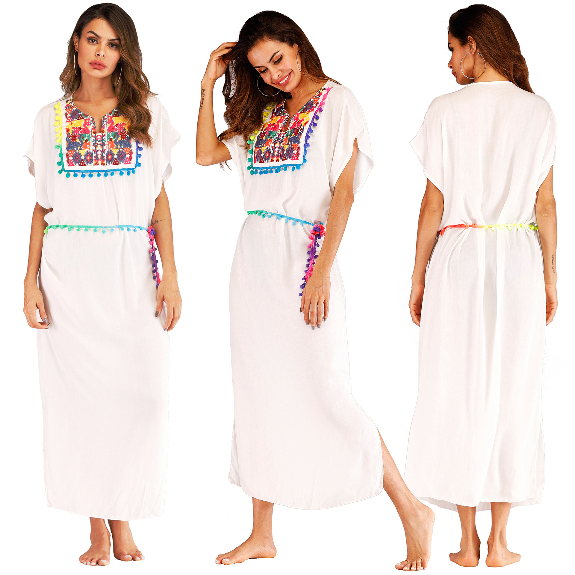 Embroidered Colorful Tassel Split Long Beach Cover Up Dress Stylish Bohemian Design Perfect for Summer Vacations