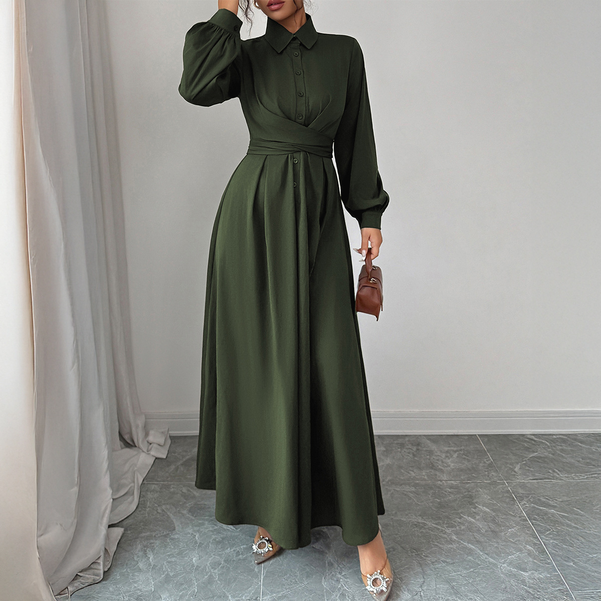 European and American Simple Elegant High end Long Sleeve Long Dress Women Autumn and Winter