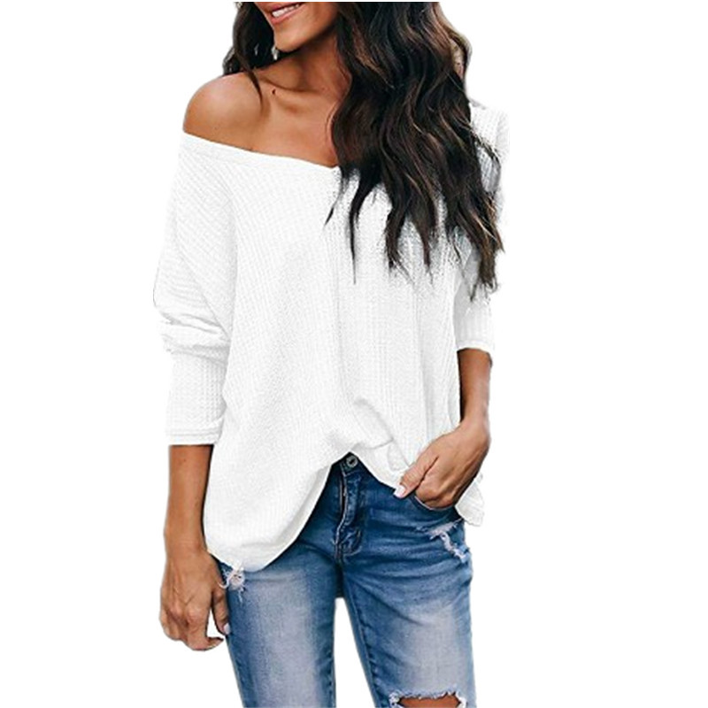 V Neck Off Shoulder Loose Long Sleeve T Shirt Autumn Style Comfortable Fabric Versatile Wear Wholesale Available