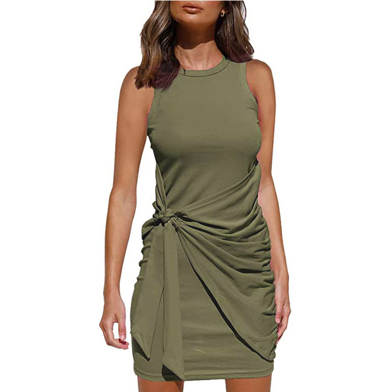 Summer Womens Dress Sleeveless Round Neck Ruched Asymmetrical Design Casual Wear Wholesale Available