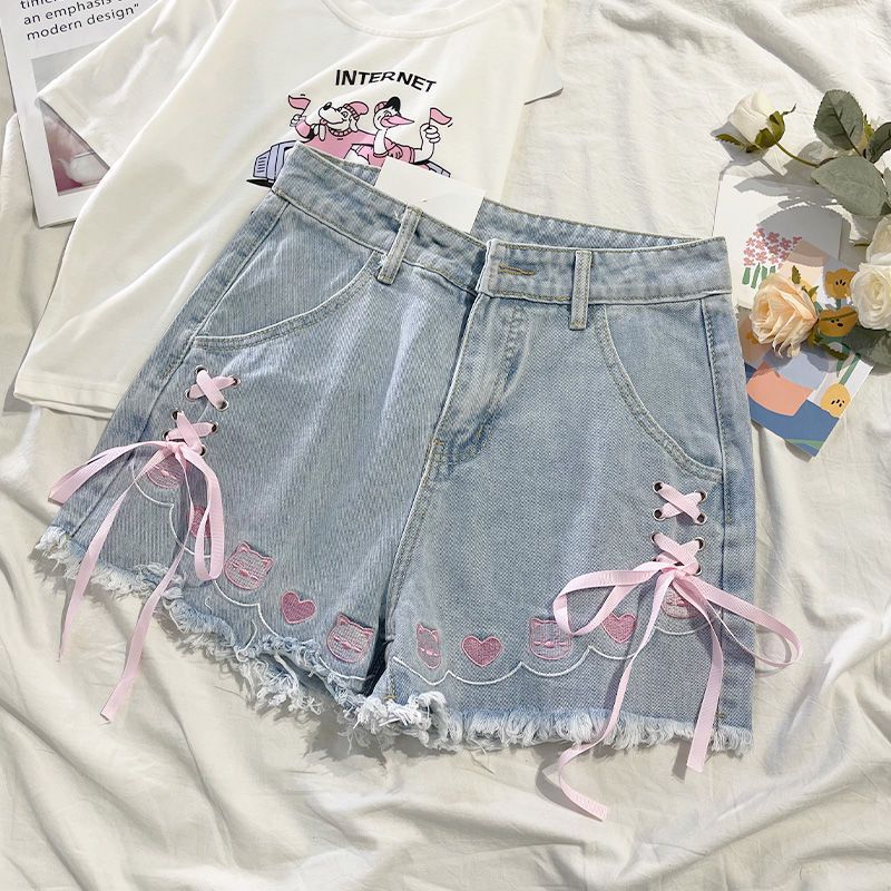 Japanese Style High Waisted Denim Shorts Blue Embroidered Frayed Hem Cute Loose Fit Summer Casual Wear