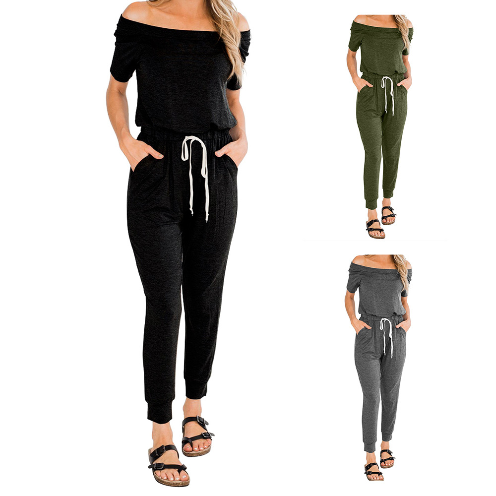 High Waisted Womens Casual Sports Jumpsuit European Style Off Shoulder Drawstring Comfortable Fabric Ideal for