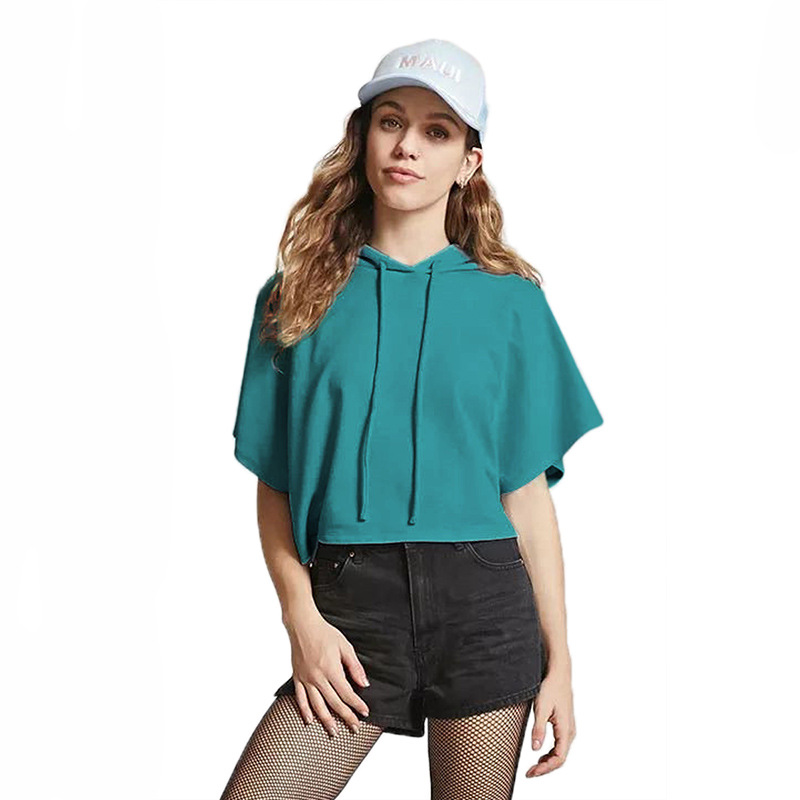 Womens Short Sleeve Hooded Crop Sweatshirt Sexy Design Spring Fashion Comfortable Fabric Wholesale Available