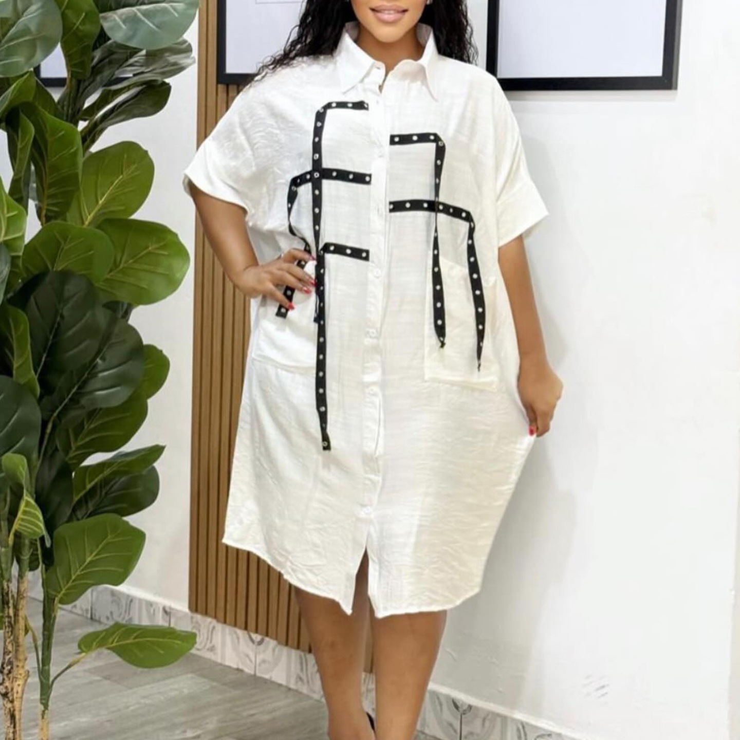 Fashionable Women's Short Sleeve Loose Fit Shirt with Lapel, Mid Length Blouse and Dress for International Trade