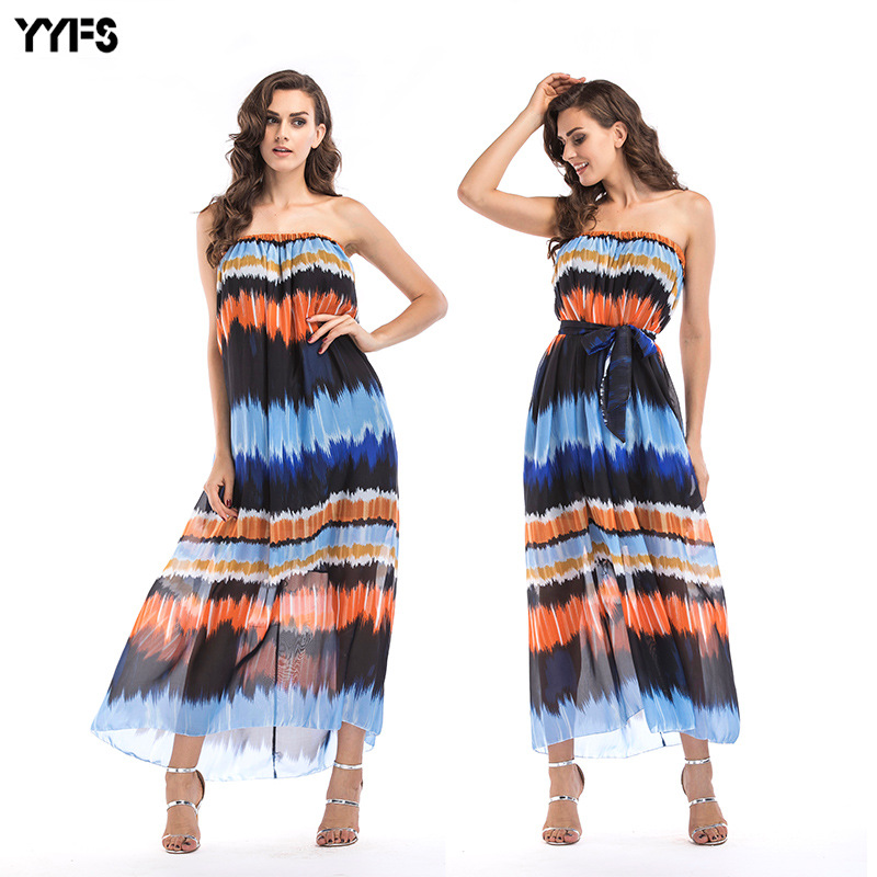 Chiffon Maxi Dress Gradient Color Strapless Flowy Design Beachwear for Plus Size Women Wholesale Available
