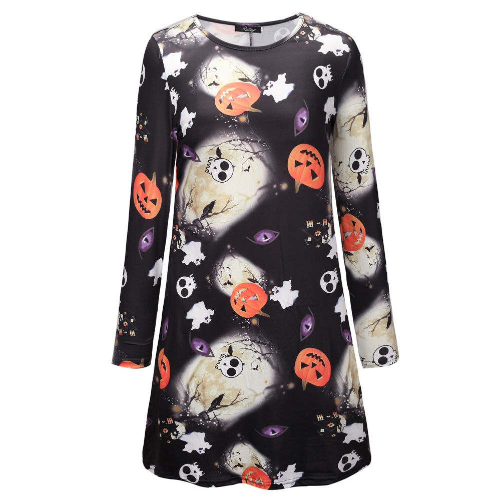 Womens Long Sleeve Halloween Dress Pumpkin Skull Print Round Neck Comfortable Fabric Autumn Winter Collection