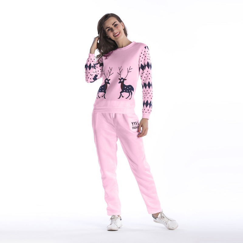 Womens Fleece Lined Sports Set Deer Print Round Neck Long Sleeve Sweatshirt Casual Pants Autumn Winter Wear