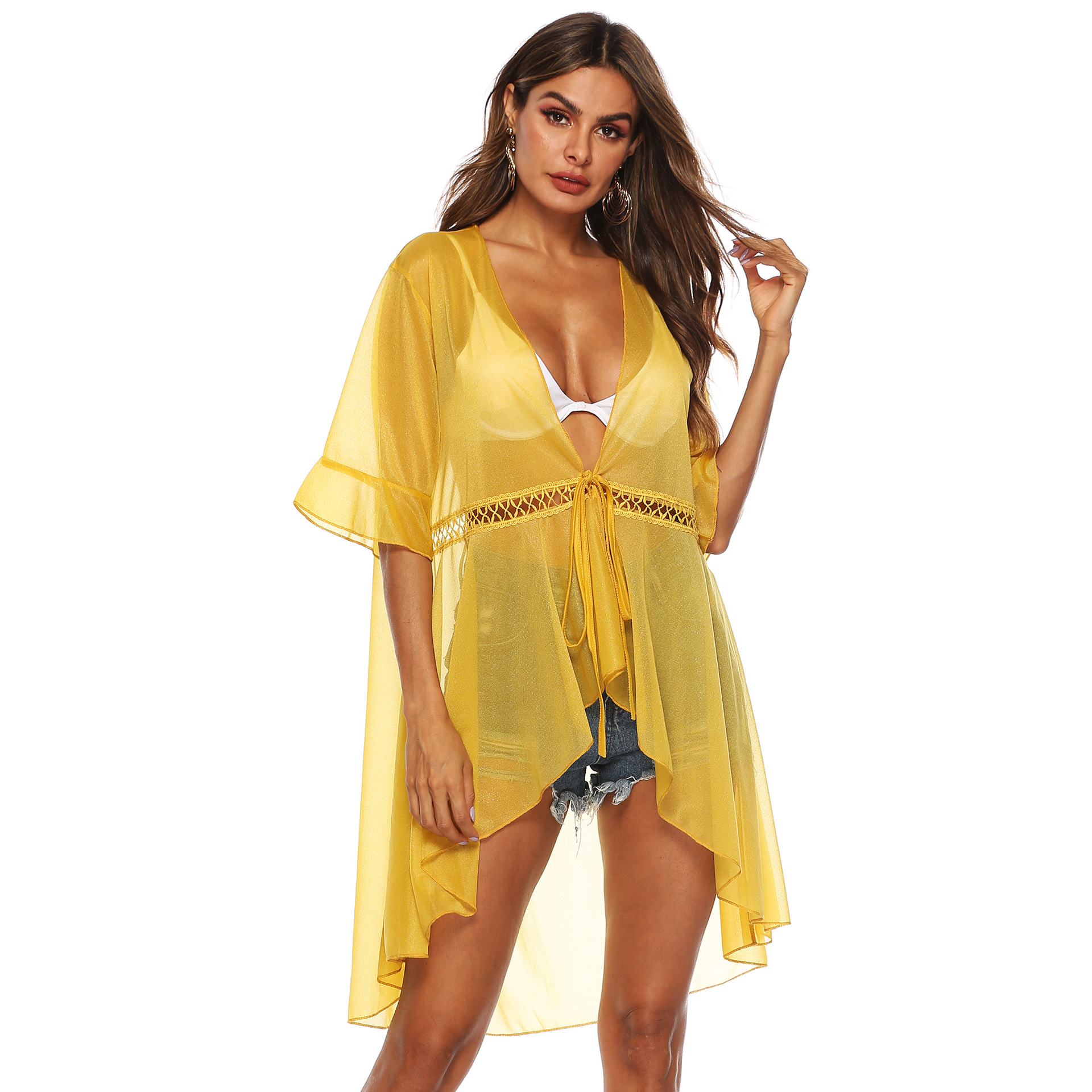 Sheer Loose Fit Ruffled Sleeve Beach Cover Up Adjustable Tie Sun Protection Lightweight Fabric Summer Casual Wear