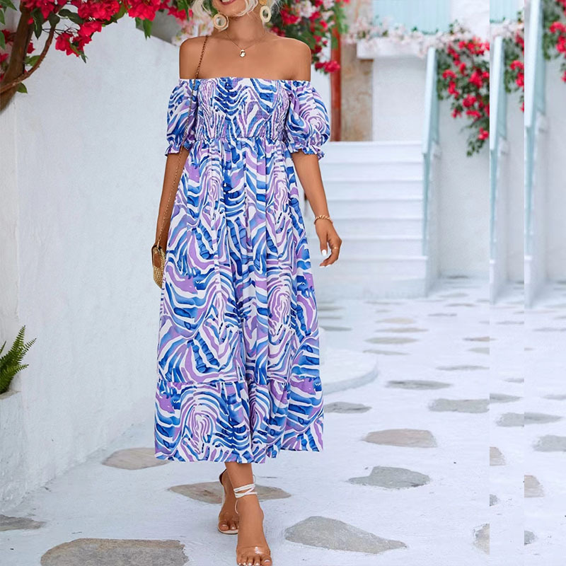 Summer New Sweet Style Strapless Off Shoulder Printed Short Sleeve Elastic Waist Mid Length Floral Dress