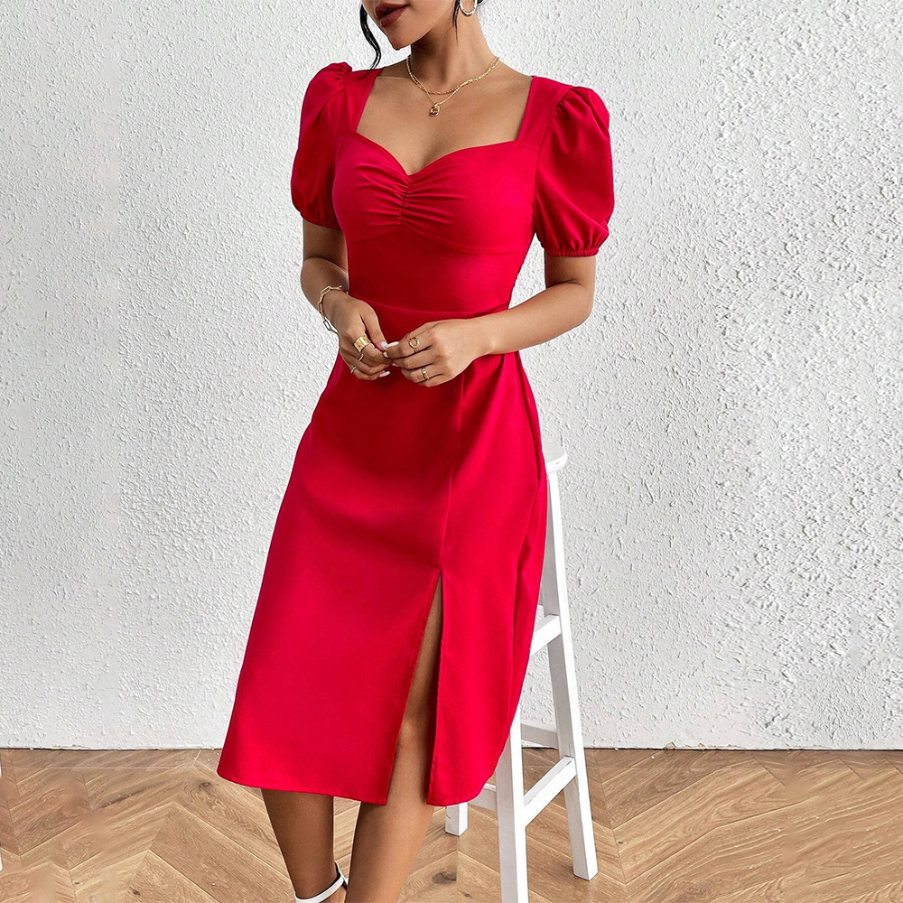 Cross border Women's Fashion European and American Square Collar Pleated Split A line Dress Ins Hot Sale Puff Sleeve Red Dress