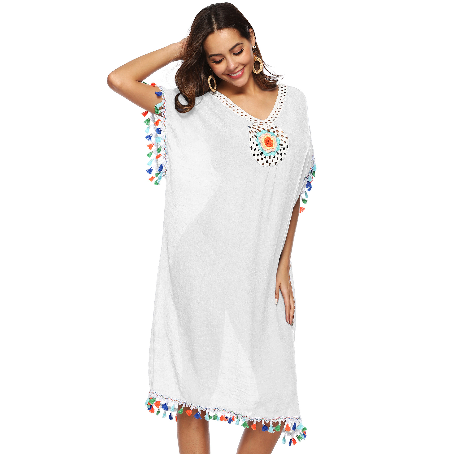Colorful Tassel Beach Cover Up Dress Hand Crocheted Floral Patchwork Loose Fit Deep V Neck Wholesale Available