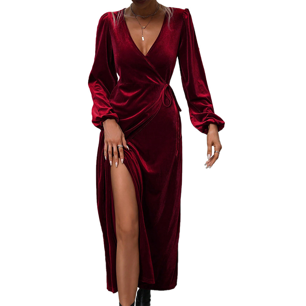 Velvet Midi Dress Elegant Wine Red Color Long Sleeve Party Wear Autumn Winter Collection Wholesale Available