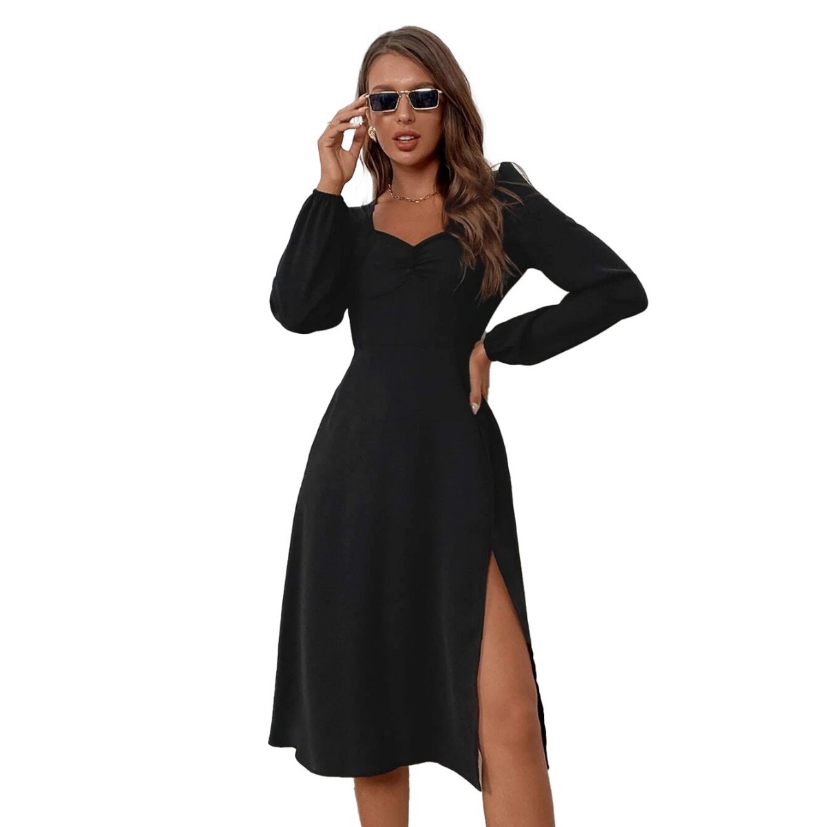 New European and American Women's V neck Split Long Sleeve Dress Slim Fit Mid length Dress