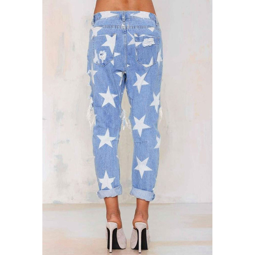 Womens High Waisted Ripped Jeans Loose Fit Star Print Straight Leg Casual Style Perfect for Spring and Autumn