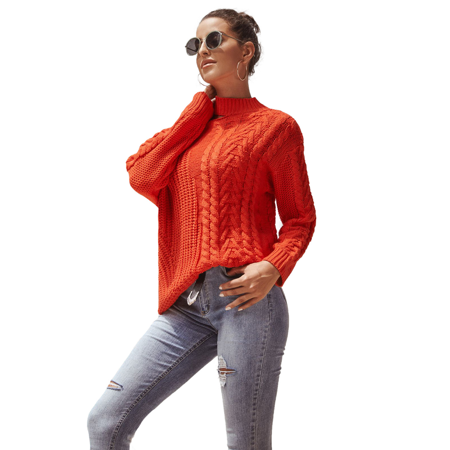 Chunky Knit Off Shoulder Sweater Long Sleeve Round Neck Cozy Fabric Autumn Winter Fashion Wholesale Available