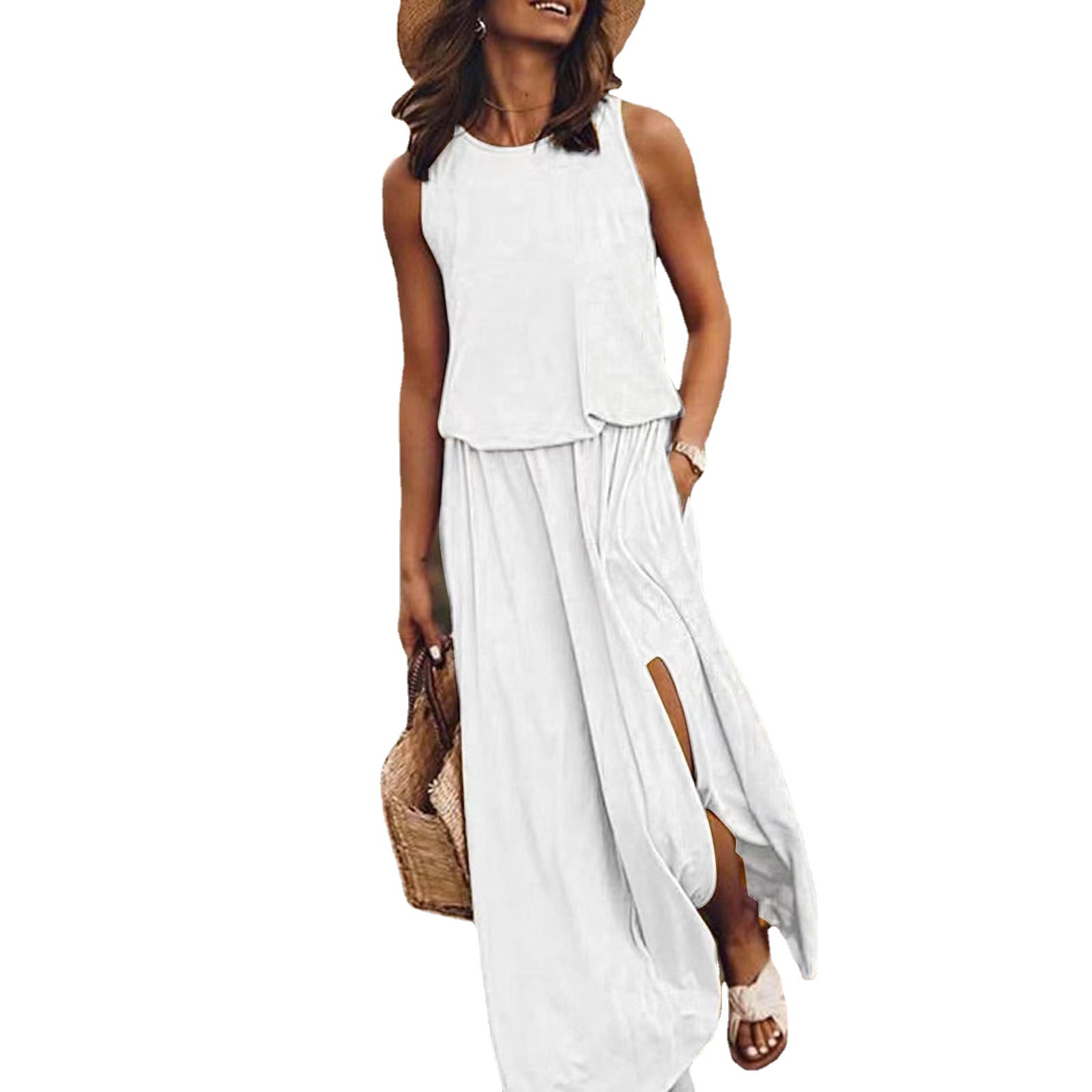 Summer New European and American Vacation Style Solid Color Round Neck Sleeveless Spaghetti Strap Lantern Split Long Dress