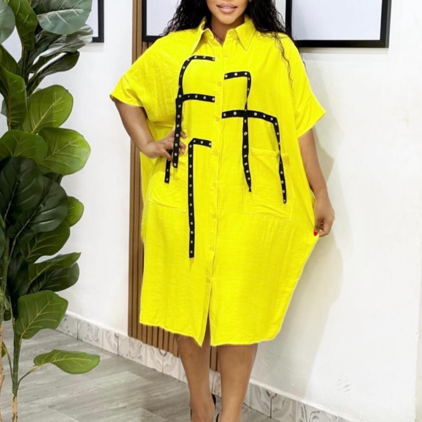 Fashionable Women's Short Sleeve Loose Fit Shirt with Lapel, Mid Length Blouse and Dress for International Trade