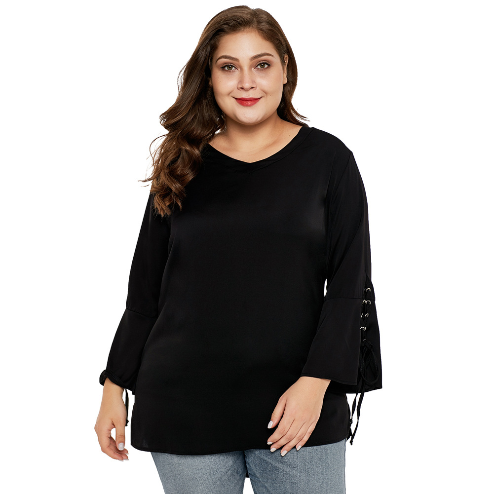 Womens Long Sleeve T Shirt Solid Color Flare Sleeve Cross Design Plus Size Spring Fashion Top Wholesale Available