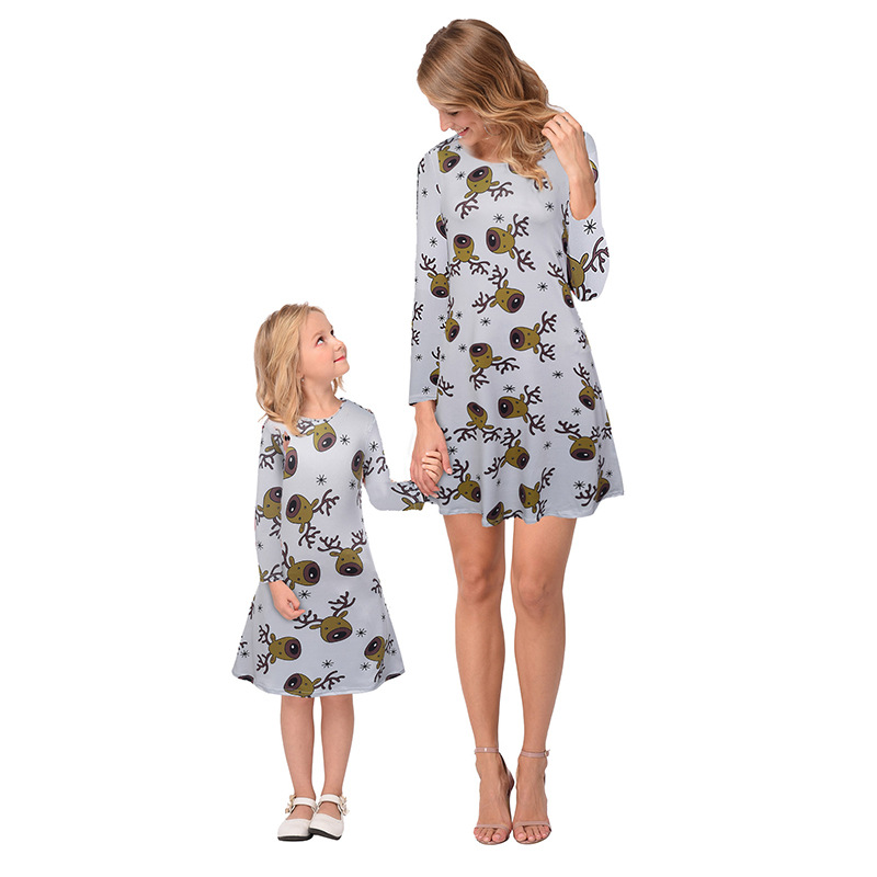 Printed Long Sleeve A Line Dress Mid Waist Family Matching Autumn Winter Style Perfect for Christmas Celebrations