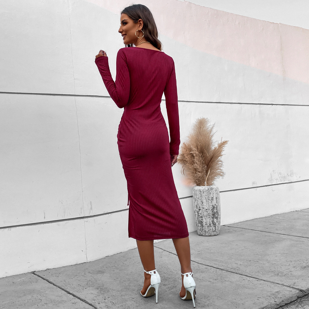 Spring Summer Women's Slim Fit Square Neck A line Dress with Drawstring and Side Slit