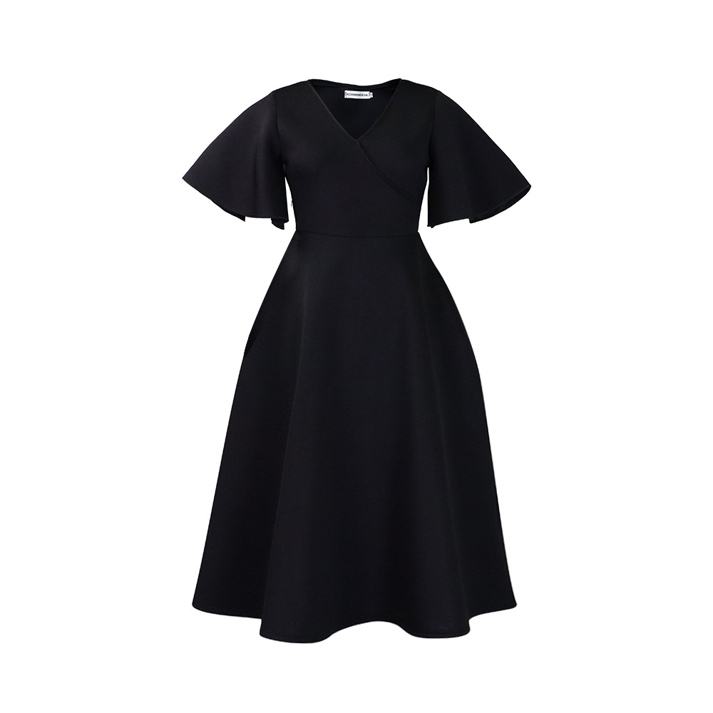 New Women's Dress with Flared Sleeves and V neck, Elegant Style, Big Skirt, European and American Style