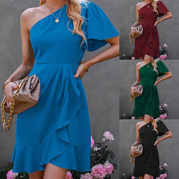 Wholesale Women's Dress — Spring Collection, Solid Color, One Shoulder, Ruffle Hem, High Waist — Casual Wear, In Stock