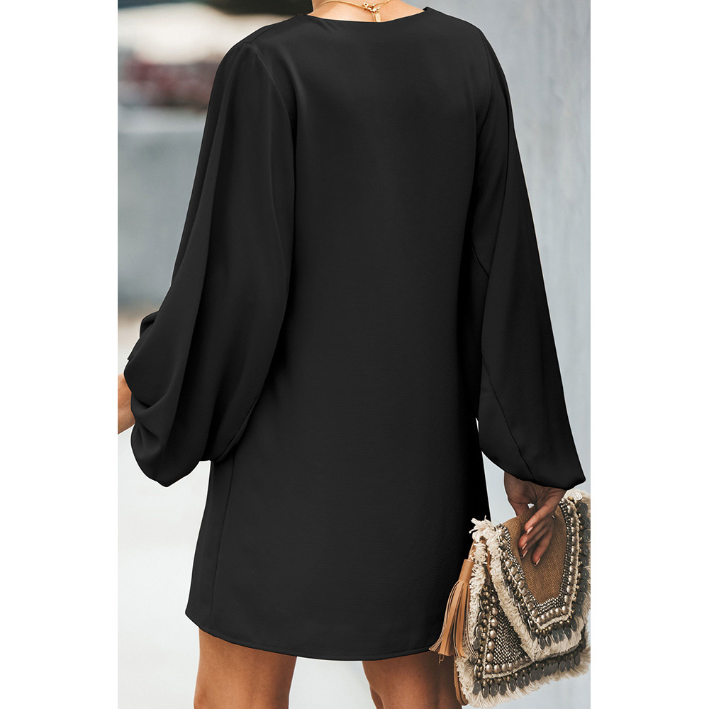 Womens Mini Dress Versatile Solid Color Sexy V Neck Lantern Sleeves Loose Fit Autumn Fashion Wholesale Available