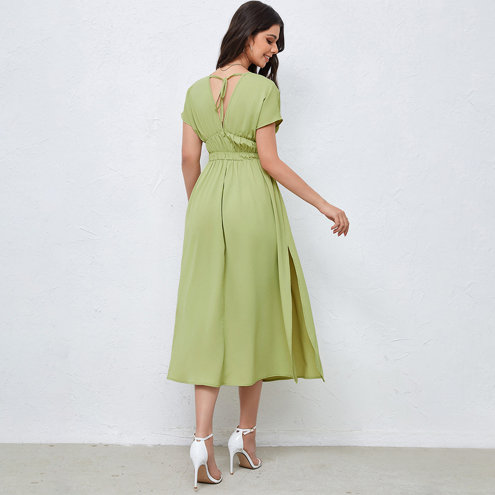 European and American Market Sexy V Neck Dress — Spring New Arrival, Backless, High Waist, Solid Color, A Line Skirt — Casual