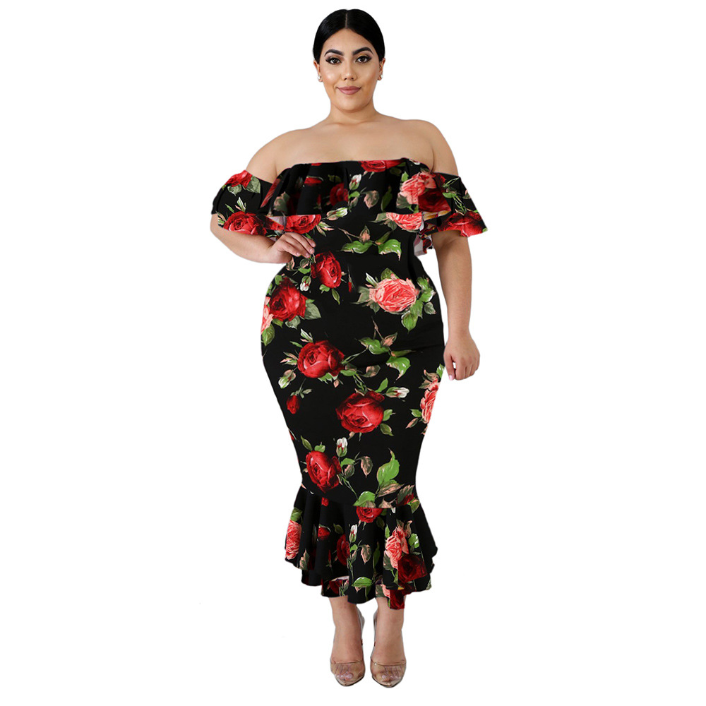 Summer Floral Print Ruffle Off Shoulder Dress Sexy Short Sleeve Mermaid Hem Plus Size Evening Party Wear Wholesale