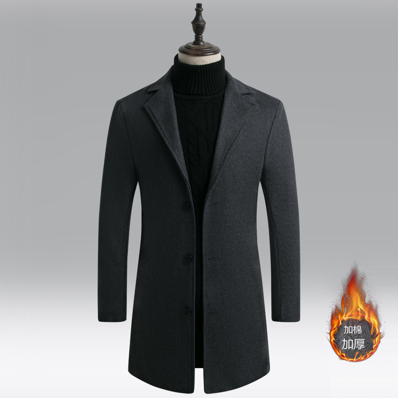Men's Woolen Coat Autumn and Winter Korean Slim Fit Cotton Padded Mid Length Trench Coat