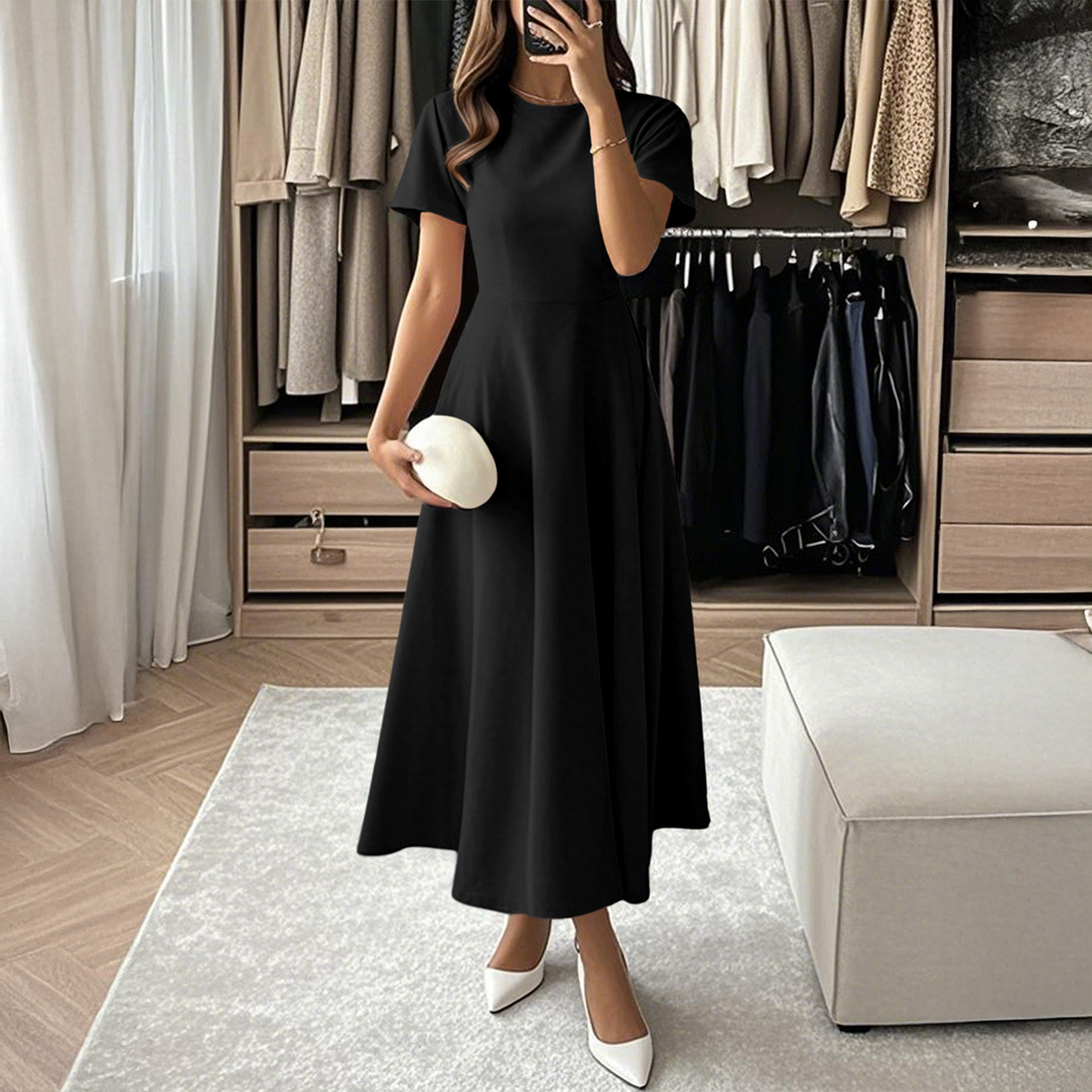Elegant Short Sleeve Long Dress Evening Gown for Women Autumn Winter