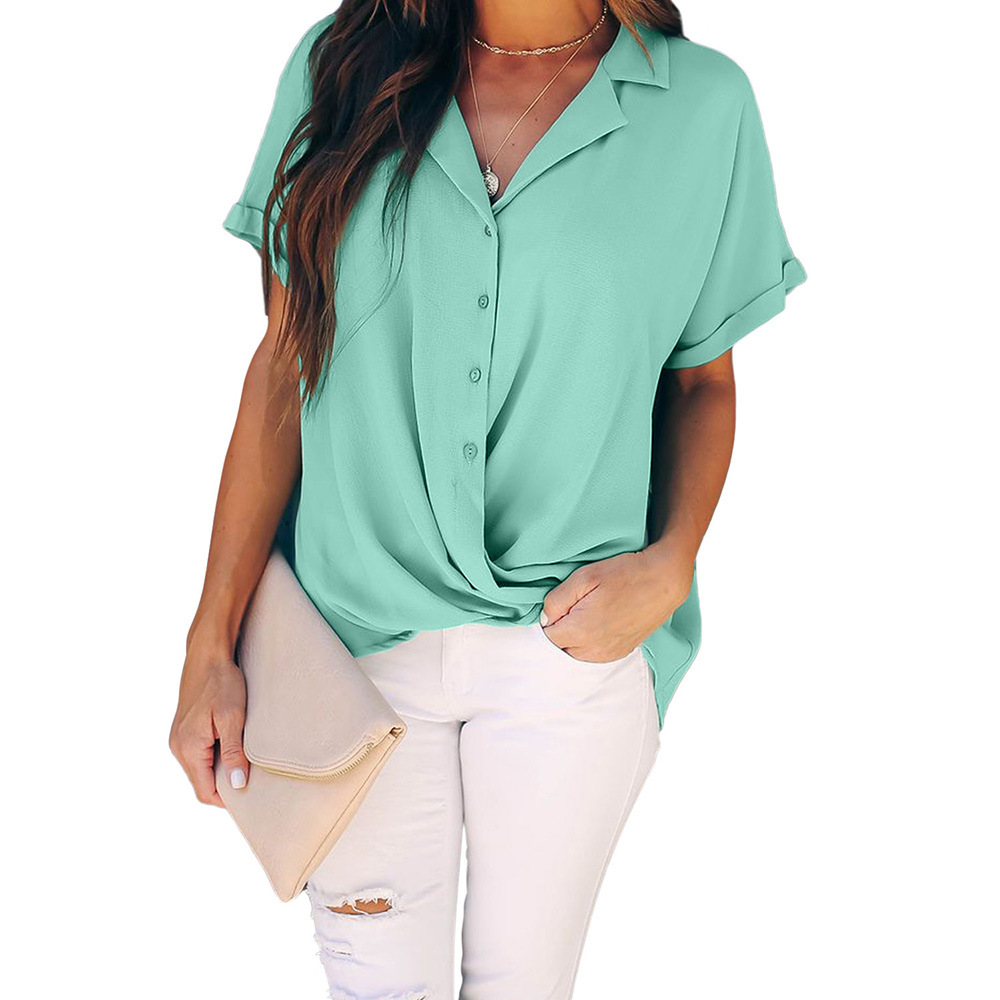 Loose Fit Solid Color Womens T Shirt V Neck Short Sleeve Pleated Design Casual Wear Wholesale Available