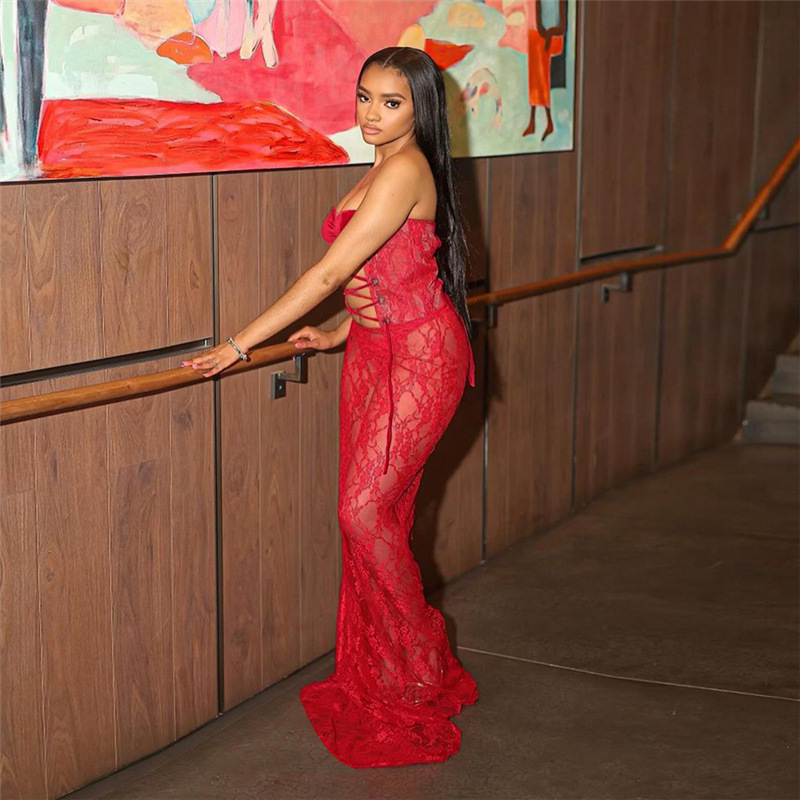 New Women's Winter Dress, Sexy Strapless Lace Sheer Bodycon Long Skirt, Trendy European and American Style for Fashionable Lad
