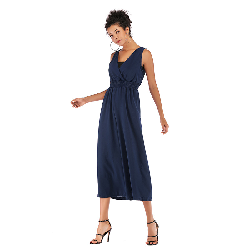 Womens Solid Color V Neck Jumpsuit Wrap Waist Adjustable Straps Wide Leg Three Quarter Length Casual or Evening