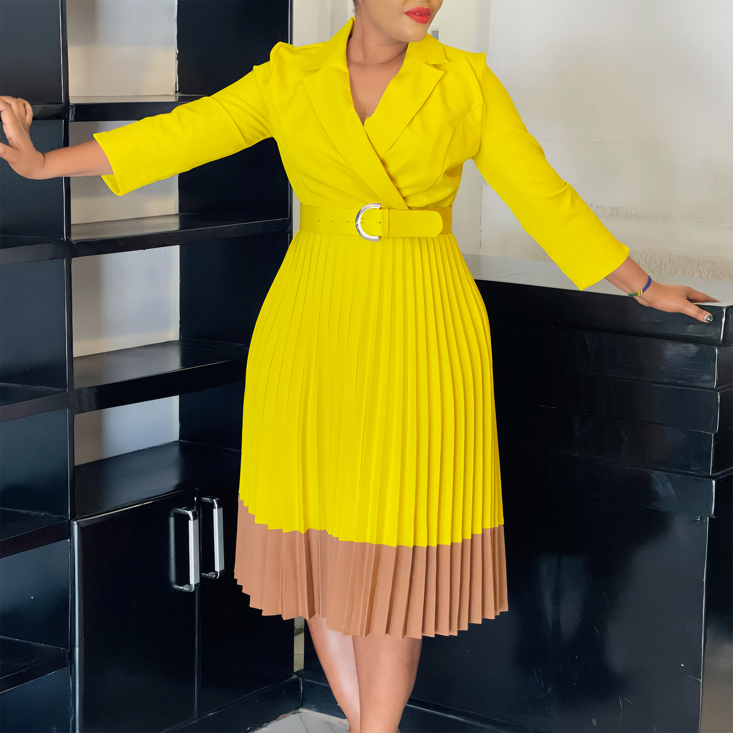 Elegant Spring Color Block OL Dress with Pleats and High Waist, Stylish Women's Blazer Collar Fashion for Cross Border Trade