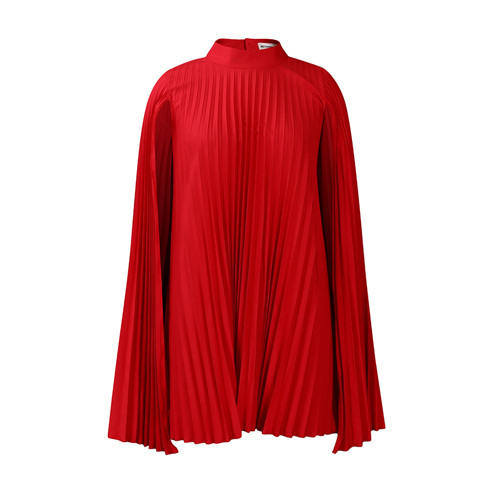 European and American Women's Fashion Loose Fit Cape Pleated Batwing Sleeve Dress for Spring