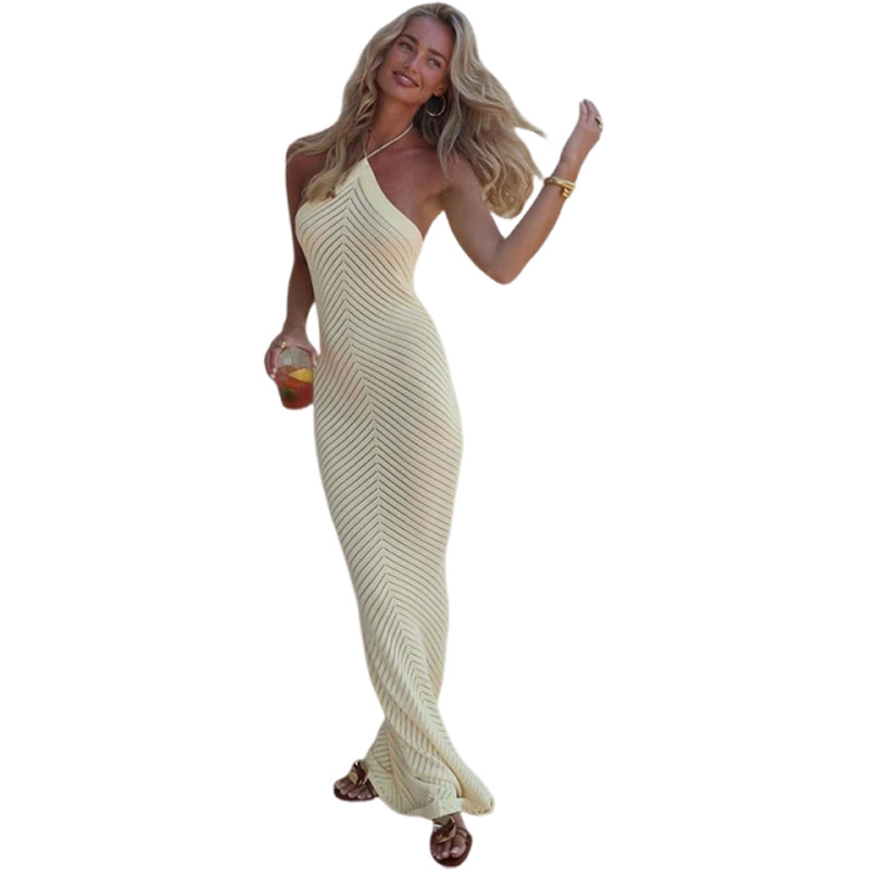 European and American Cross border Summer New Women's Sexy Hot Girl Halter Knitted Hollow Backless Slim Long Dress