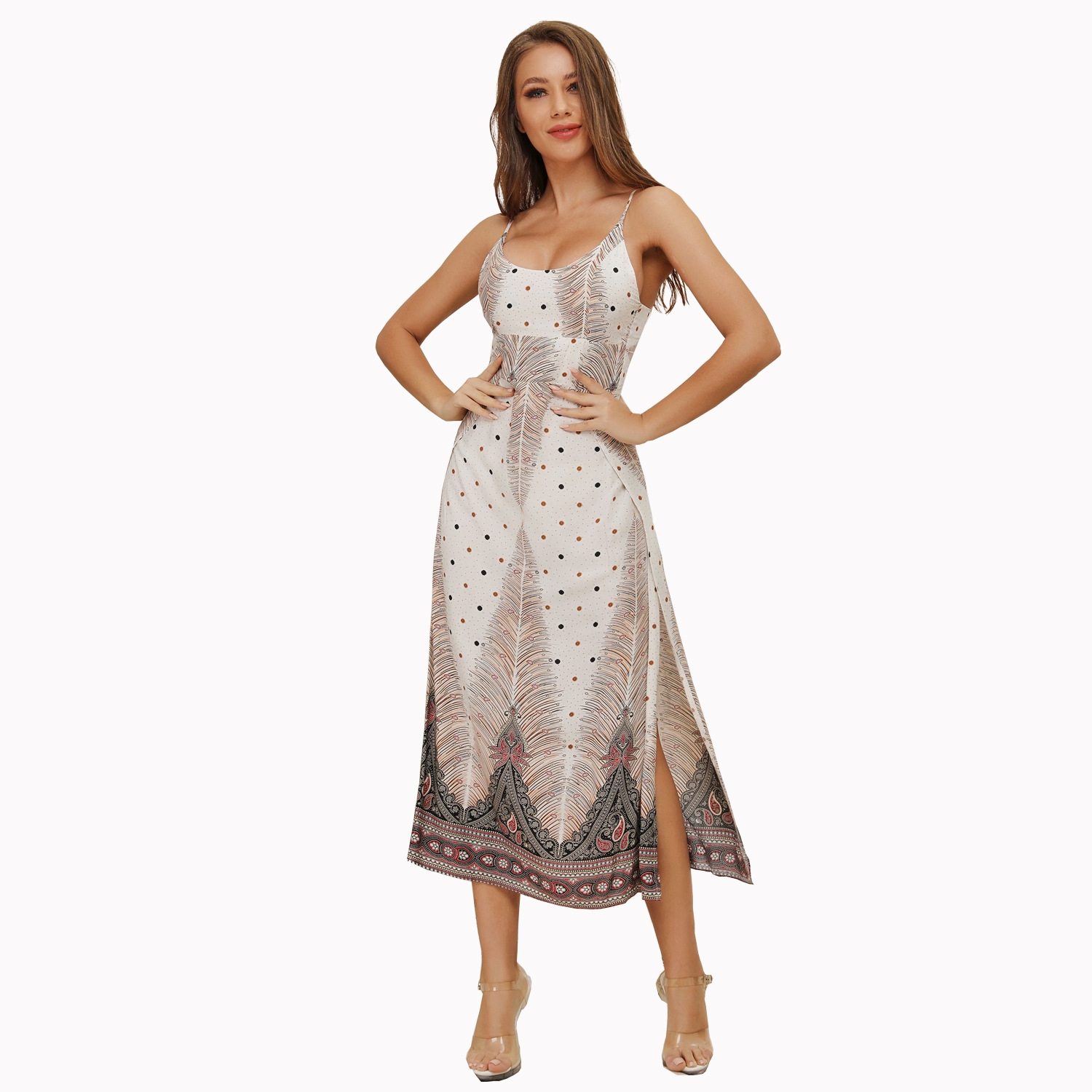 Bohemian Print Maxi Dress Sexy Spaghetti Straps Open Back High Slit Summer Vacation Wear Wholesale Available