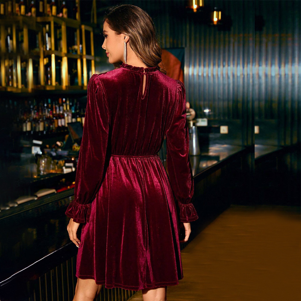 Velvet Elegant Slim Fit Half Turtleneck A line Short Dress