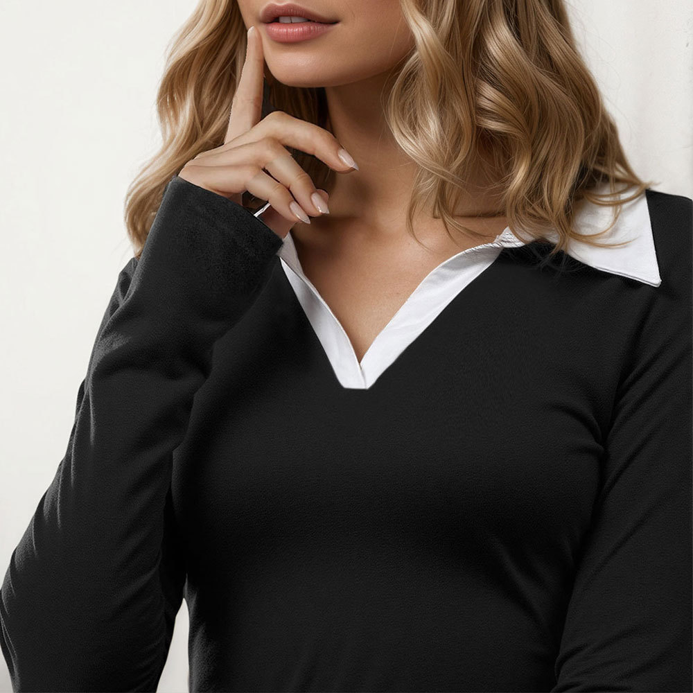 European and American Cross border Color blocking Fake Two piece Knitted Dress New Design Niche Long Sleeve A line Short Skirt