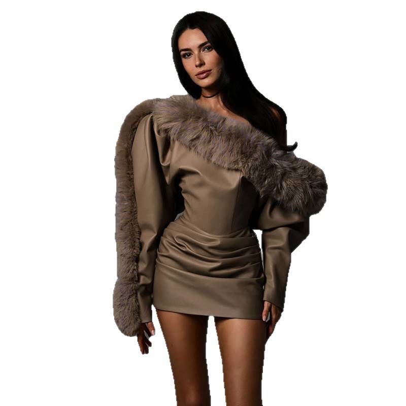 European and American Cross border New Autumn Winter Women's Fashion Asymmetrical Shoulder Faux Fur Leather Splicing Sexy Slim Fit Bodycon Dress