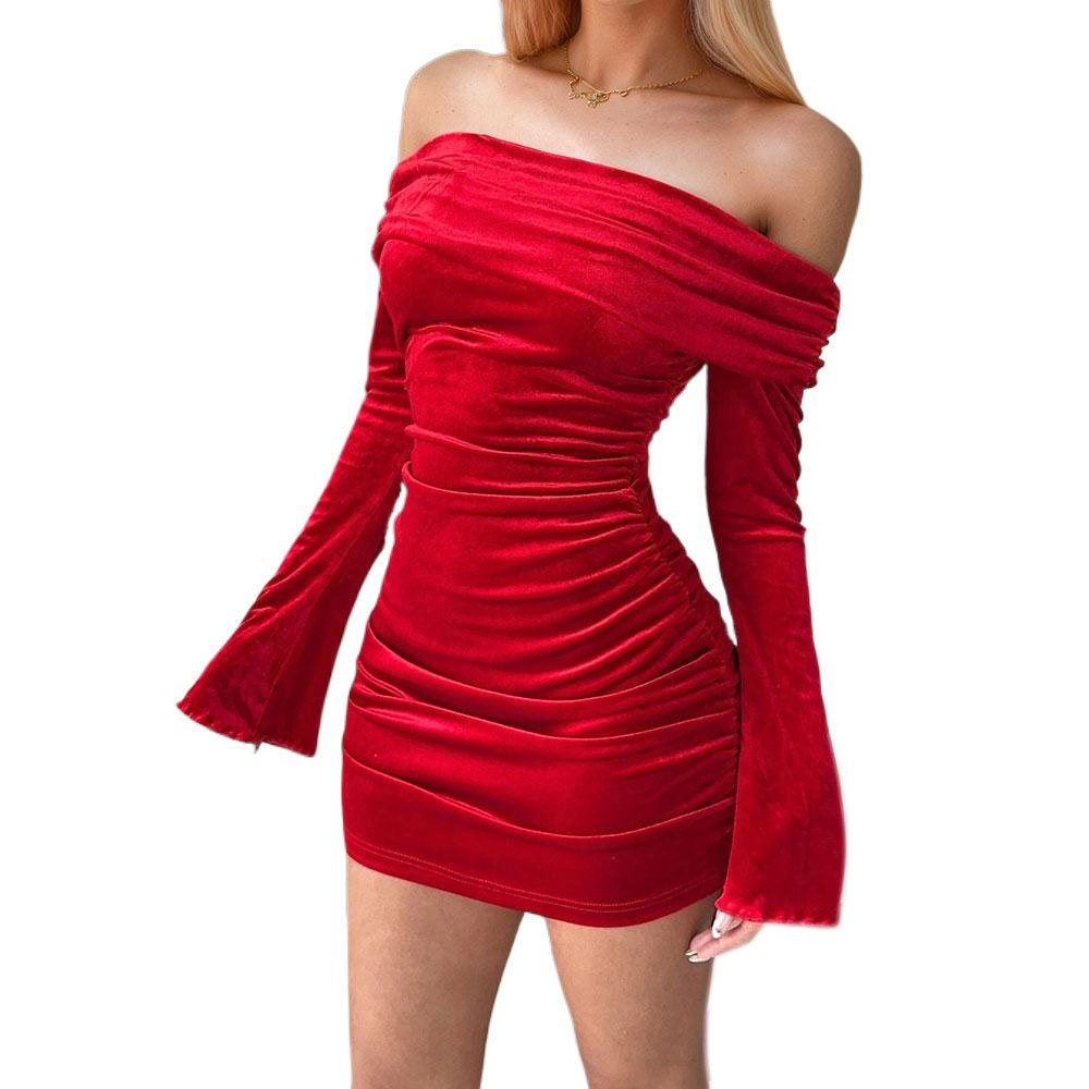 Sexy Off Shoulder Bodycon Dress for Women Autumn Winter Red Short Dress